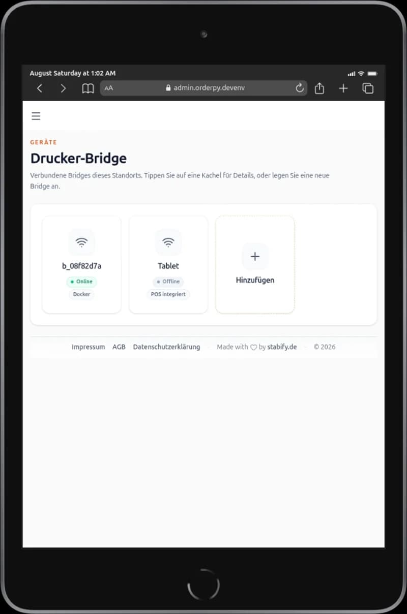 OrderPy Printservice — Drucker-Bridge auf dem iPad Mini und Druckerkonfiguration auf dem Smartphone.